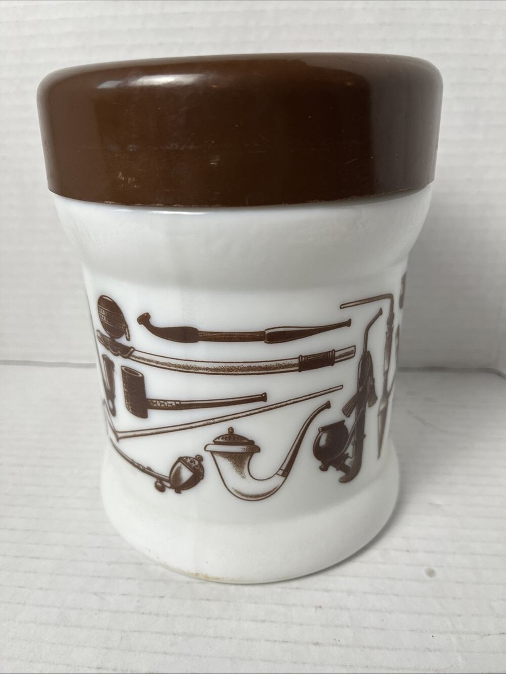Vintage Mid Century Milk Glass TOBACCO HUMIDOR JAR Cigar Pipe Graphic Brown Lid